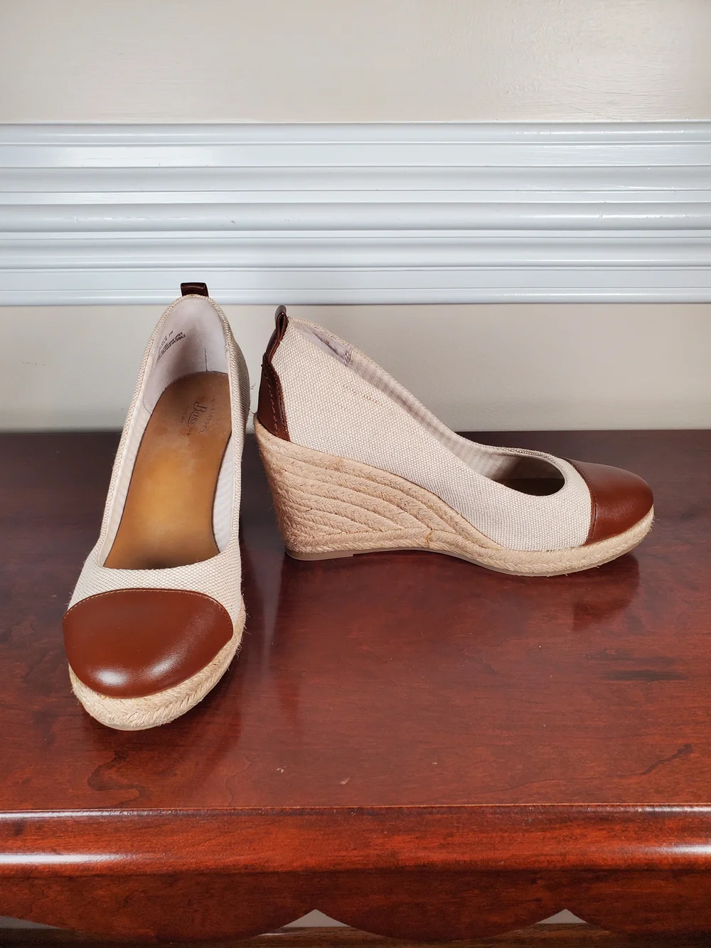 G.H. Bass & Co. - Kaitlyn Beige Canvas and Brown  Faux Leather Espadrille Wedges